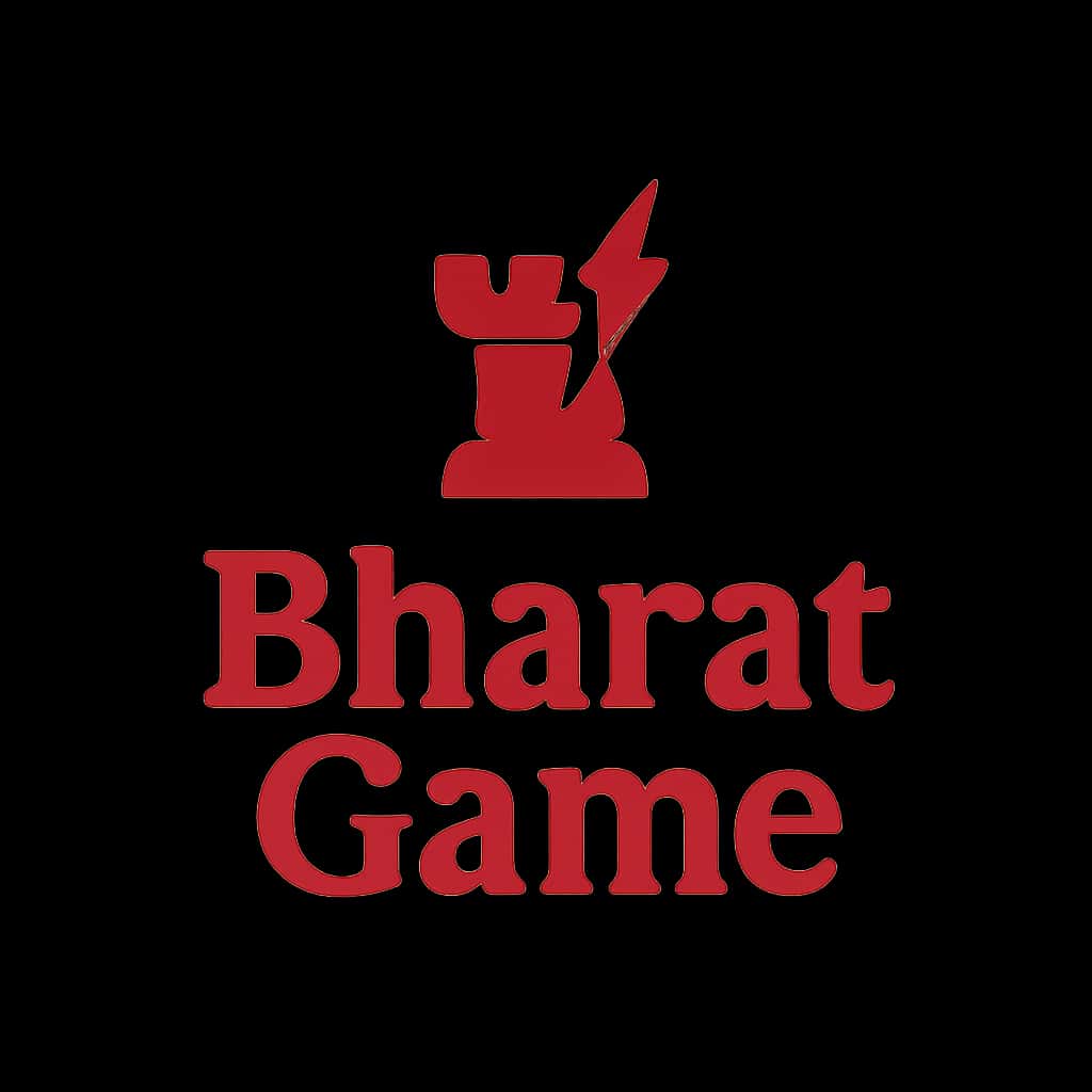 A badge representing strategies for Bharat Game, designed in a professional style with #c4181a.